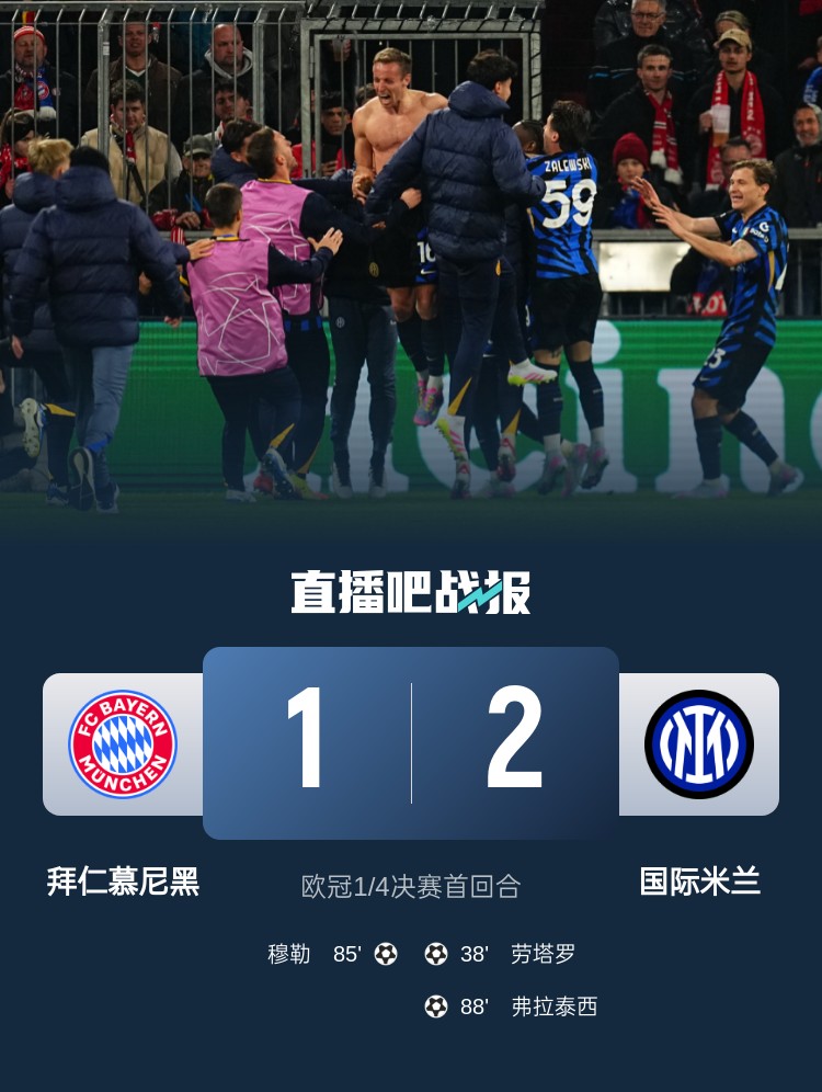  2-1占得先機！國米送給拜仁4年來歐冠主場首敗